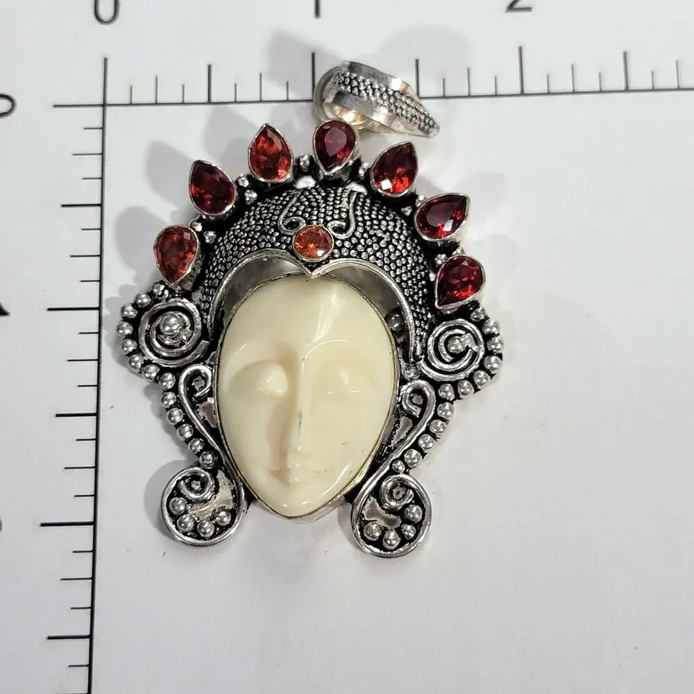 Goddess Pendant Carved Face Sterling Silver with Garnet - Picture 10 of 10